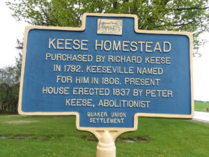 Keese Homestead historical marker, northwest corner of Union and Harkness Roads intersection, Peru