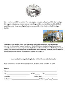 Anderson Falls Heritage Society Senior Golden Membership Application Form