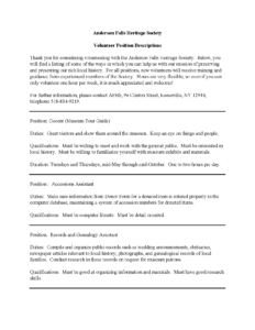Anderson Falls Heritage Society Volunteer Position Descriptions, Page 1