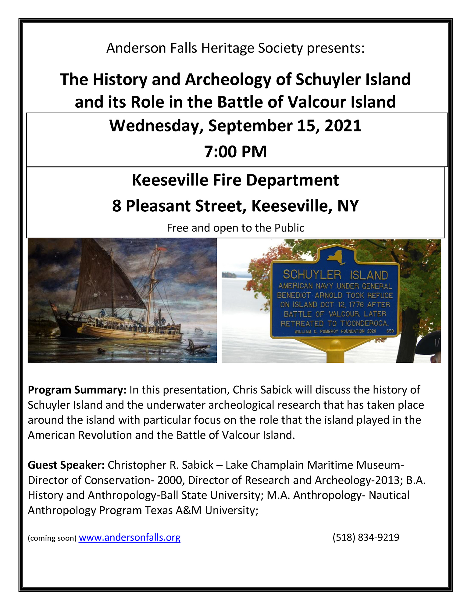 The History and Archeology of Schuyler Island program flyer